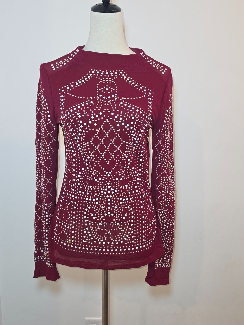 Burgundy Sheer Mesh Rhinestone Long Sleeve Top Y2K Glam Embellished Blouse Sz XL